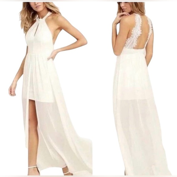 Lulus Dresses & Skirts - Lulu's White Halter High-Low Maxi Dress with Lace Back Sz/L